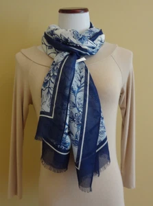 Vintage NWT Talbots Off White Blue Floral Silk Blend Oversized Wrap Shawl Scarf - Picture 1 of 10