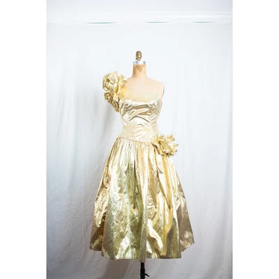 Vestido de graduación vintage de los 80 dorado con lamé Mike Benet vestido de baile vestido glamuroso de un hombro, XS Foto 1 de 4