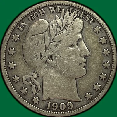 Полдоллара Барбера 1909 очень хорошее состояние монета, царапина на щеке #28536 - Изображение 1 из 3