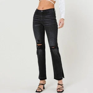Vibrant Miu Split Leg Vintage Black Bootcut Ripped Jeans Womens Raw Hem 3 / 25 - Picture 1 of 16