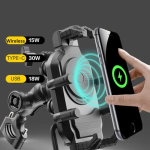 A+C Motorcycle Cell Phone Mount Holder Wireless USB Charger 15W Fast Charging - Picture 1 of 18