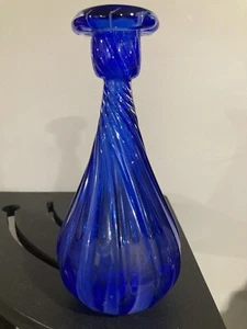 Hand Blown Art Glass Bud Vase Blue Cobalt Ribbed and Twisted Narrow Neck 8" - Picture 1 of 8
