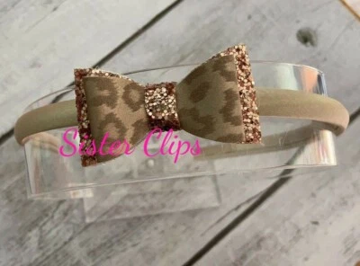 SISTER CLIPS Girls Handmade bronze leopard glitter bow pink Alice band hair band