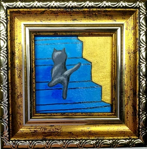 Graue Katze Gemälde Gerahmt Original Kunst Lustiges Kätzchen Handarbeit Kunst Mini Gemälde - Bild 1 von 11