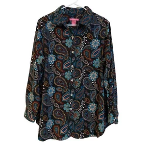 Woman Within Button Down Bluse Paisley Floral Art to Wear 70s Style Gr. Large - Bild 1 von 6