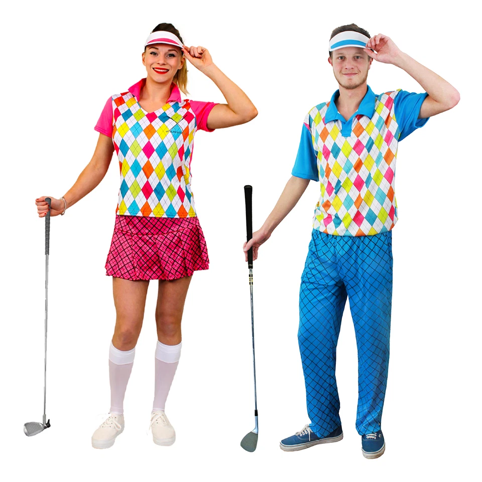 COUPLES GOLFER COSTUMES GOLFING FANCY DRESS PUB GOLF PARTY ADULT SPORT UNIFORM - Image 1 of 1