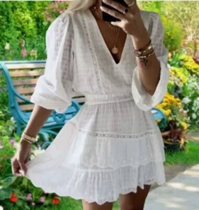 ZARA White Mini Dress V- Neck Swiss Dot Puff Sleeve Lace Peasant Small White - Picture 1 of 11