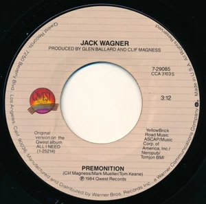 JACK WAGNER - LADY OF MY HEART / PREMONITION - QUEST 7-29085 - 45 Record VG+ - Imagen 1 de 2