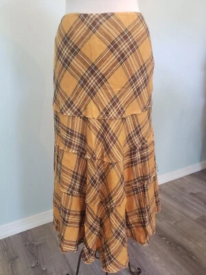 Harold's Womens 2 S Y2K Skirt 100% Linen Yellow Brown Plaid Tiered Distressed - Image 1 of 4