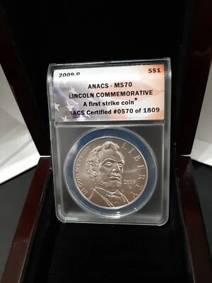 2009-P Lincoln Commemorative Silver Dollar w/ Wooden & felt Lined Box MS70 anacs - Image 1 of 4