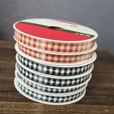 6 PC Set Celebrate It Christmas Ribbon Gingham Red Black Check 3/8" x 10 Yd - Image 1 of 4