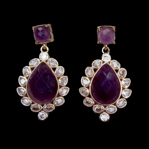 12x16 mm Natürlicher Amethyst Träne Form Cz Pave Hängel Ohrstecker - Bild 1 von 6