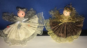Two Vintage Hand Crafted Wood Head Christmas Angel Ornaments - Picture 1 of 3