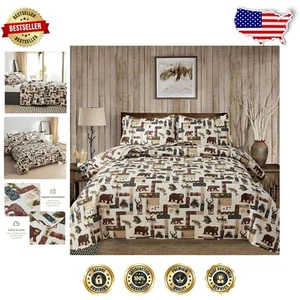 Versatile Reversible Quilt Set - Full/Queen Moose & Bear, Lightweight, 3 Pieces - Picture 1 of 9