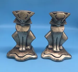 RARA ARMATURA ANTICA BRONZO Corp. RIVESTITA BOOKENDS ART DECO STATUE GATTINO GATTO CUBISTA - Foto 1 di 11