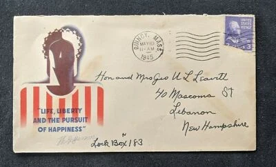 1945 Quincy MA Life Liberty Illustrated Patriotic Cover to Lebanon NH - Image 1 of 2