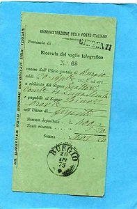 1875 BURGIO (AGRIGENTO) cerchio ducale su RICEVUTA carta verde VAGLIA (701280) - Imagen 1 de 1