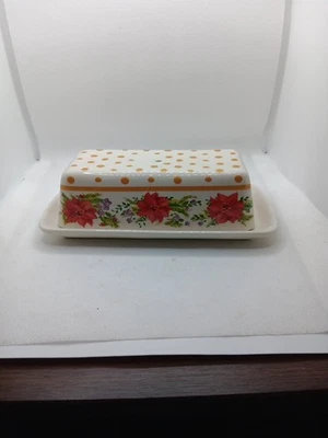 Plato de mantequilla de gres Pioneer Woman Holiday Cheer Poinsettia (falta mango) Foto 1 de 3