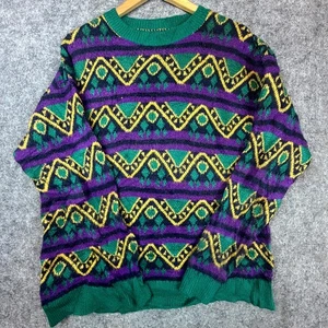 Vintage Zara Sweater Mens Large Green Purple Yellow 80s Artsy Mardi Gras Bold - Picture 1 of 5
