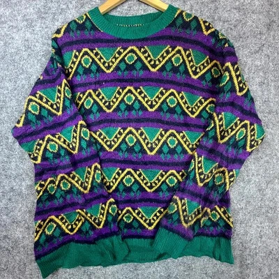 Vintage Zara Sweater Mens Large Green Purple Yellow 80s Artsy Mardi Gras Bold - Image 1 of 4