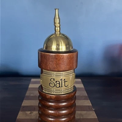 Vintage Manual Spice Salt Shaker Wood W/ Brass Handmade - Image 1 of 4