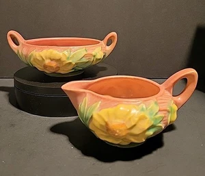 Roseville Keramik Pfingstrose Koralle (rosa) Milchkännchen & offener Zucker 3-C & 3-S - Bild 1 von 13