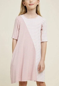 Hayden Niñas "Mini Vestido Columpio Rayas en Contraste" Talla Grande ¡Con Bolsillos! - Imagen 1 de 11