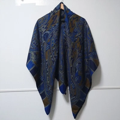 ETRO Bufanda Grande Mantón 132cm 51′′ Cuadrado Lana Seda Paisley Azul Marino Foto 1 de 4