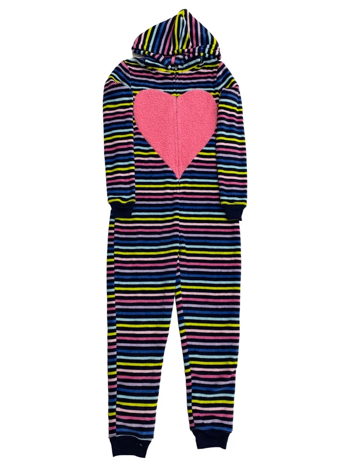 Junior Womens Stripe Heart Fleece One-Piece Union Suit Sleeper Pajamas Large - Image 1 of 1