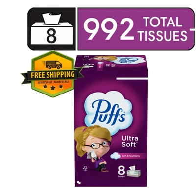 Puffs Ultra Soft Facial Tissues – 8 Family-Size Boxes, 124 Tissues Per Box