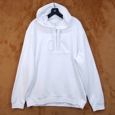 CALVIN KLEIN Hoodie Mens XL White Pullover Sweatshirt Logo Fleece Lined Warm - Image 1 of 4