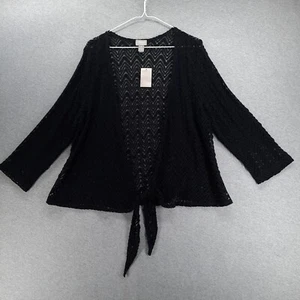 Chicos Travelers Sweater Womens 4 US XXL 20 Black Open Weave Tie Hem Long Sleeve - Picture 1 of 10