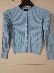 Polo Ralph Lauren Sweater Girls L Blu Cardigan Button Up Cable Knit Cotton 12/14 - Picture 1 of 17