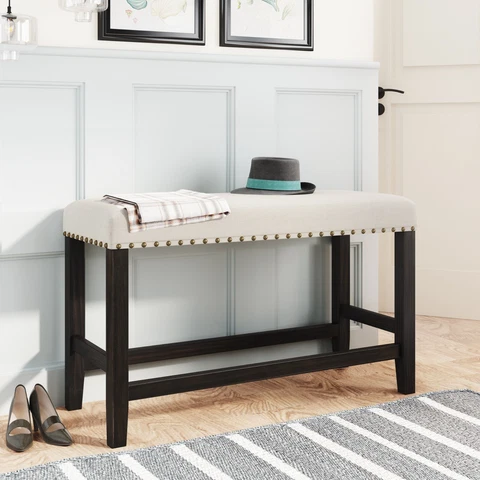 Rustic Wooden Upholstered Dining Bench for Small Places, Espresso+ Beige Cover