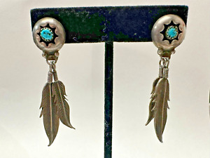 Turquoise Native American Navajo Feather Drop Sterling Silver Stud Earrings 925