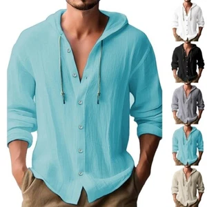 Men's Linen Hooded Shirt Casual Loose Fit Long Sleeve Button Up Summer Top - Picture 1 of 7
