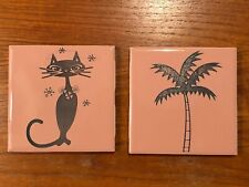Mid-Century Modern Engraved tiles, Set of 2. New Cat and Palm Tree Themed