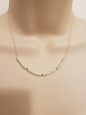 14k Yellow Gold 3mm Gold Balls and White Pearls Bar Necklace 16" - Image 1 of 4