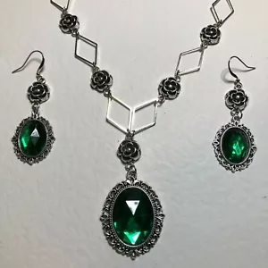 JUEGO COLLAR COLGANTE ESTILO VICTORIANO DIAMANTE ROSA ESMERALDA VERDE PLATA PL DR LG - Imagen 1 de 6