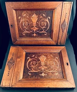 2 ANTIQUE INLAID MARQUETRY CABINET DOORS KEY HOLE & ORIGINAL HARDWARE 16” X 12” - Picture 1 of 12