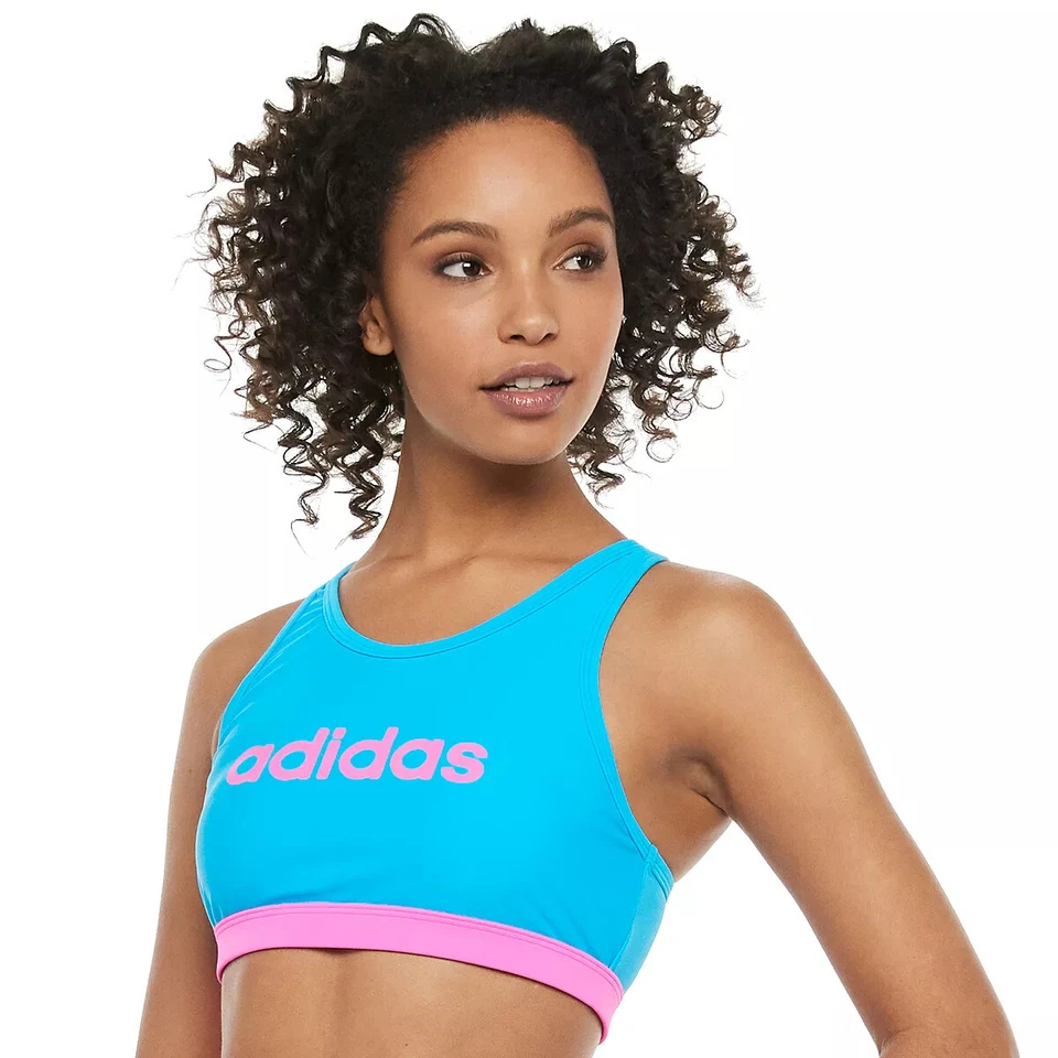 Adidas Natación Espalda Corredora Deportes Bikini Acolchado Top Talla Mediana Azul Neón Cuello Alto Foto 1 de 2
