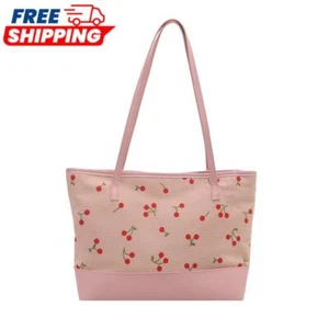 Cherry Print Tote Bag Large Capacity Floral Hangbag PU Leather Purse for Women - Picture 1 of 21