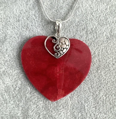 Collar Vintage Esponja Coral Corazón Colgante Plata de Ley 24" Foto 1 de 4