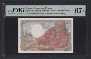 France 20 Francs 1948 - 49, Pick 100c, PMG 67, UNC - Picture 1 of 2