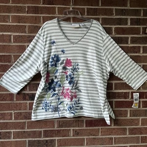 Alfred Dunner Women's Top Plus Size Floral Striped Long Sleeve Size 2X - Picture 1 of 8