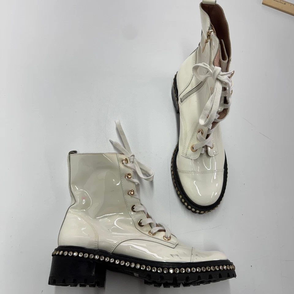 Schutz Boots Womens Size 8B White Andorra Patent Leather Studded Combat - Image 1 of 4