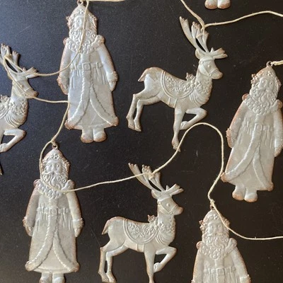 Anthro Rustic Primitive Christmas Tin Metal Santa Reindeer Garland Decor Boho - Image 1 of 4