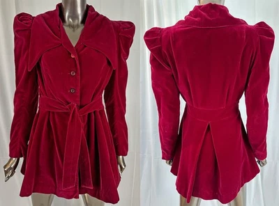 Vintage Red Velvet Victorian Style Mutton Sleeve Chelsea Collar Belted Jacket - Image 1 of 2