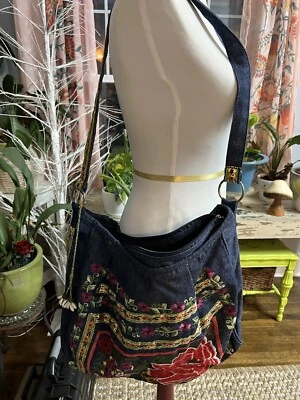 De colección Antiguo Kraft Boho Hobo Denim Bolso Monedero Flores Foto 1 de 4