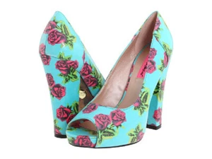 Betsey Johnson Betyy Tin Can Rose Print Pinup Rockabilly Peep Toe Pumps 7.5 NIB - Picture 1 of 8
